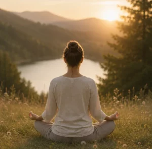 Žena v meditační pozici při pohledu na západ slunce