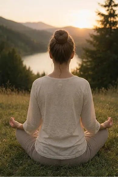 Žena v meditační pozici při pohledu na západ slunce